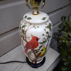 Chinoiserie Hand Painted Cardinal/Finch on Branch Porcelain Ginger Vase Lamp